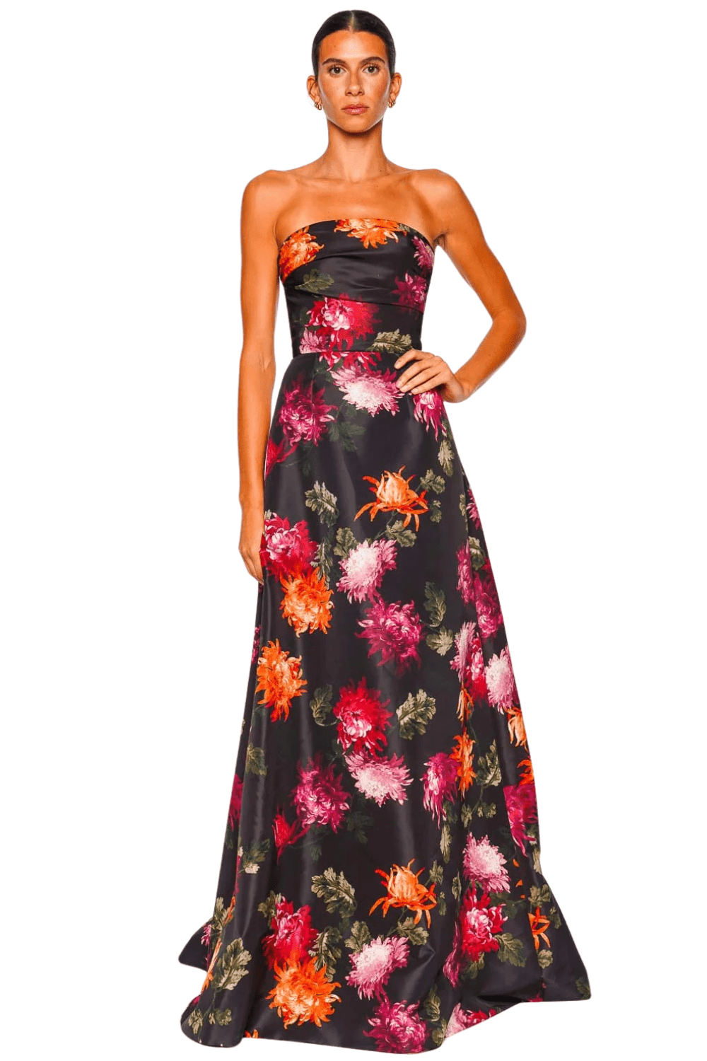 Black Chrysanthemum Strapless Gown