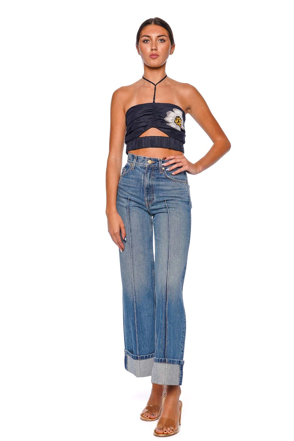 Arona Navy Embroidered Halterneck Crop Top
