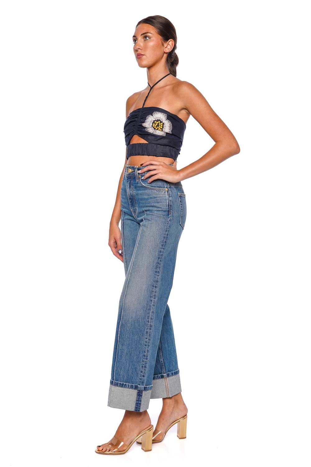 Arona Navy Embroidered Halterneck Crop Top