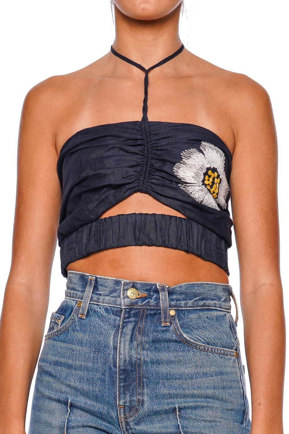 Arona Navy Embroidered Halterneck Crop Top