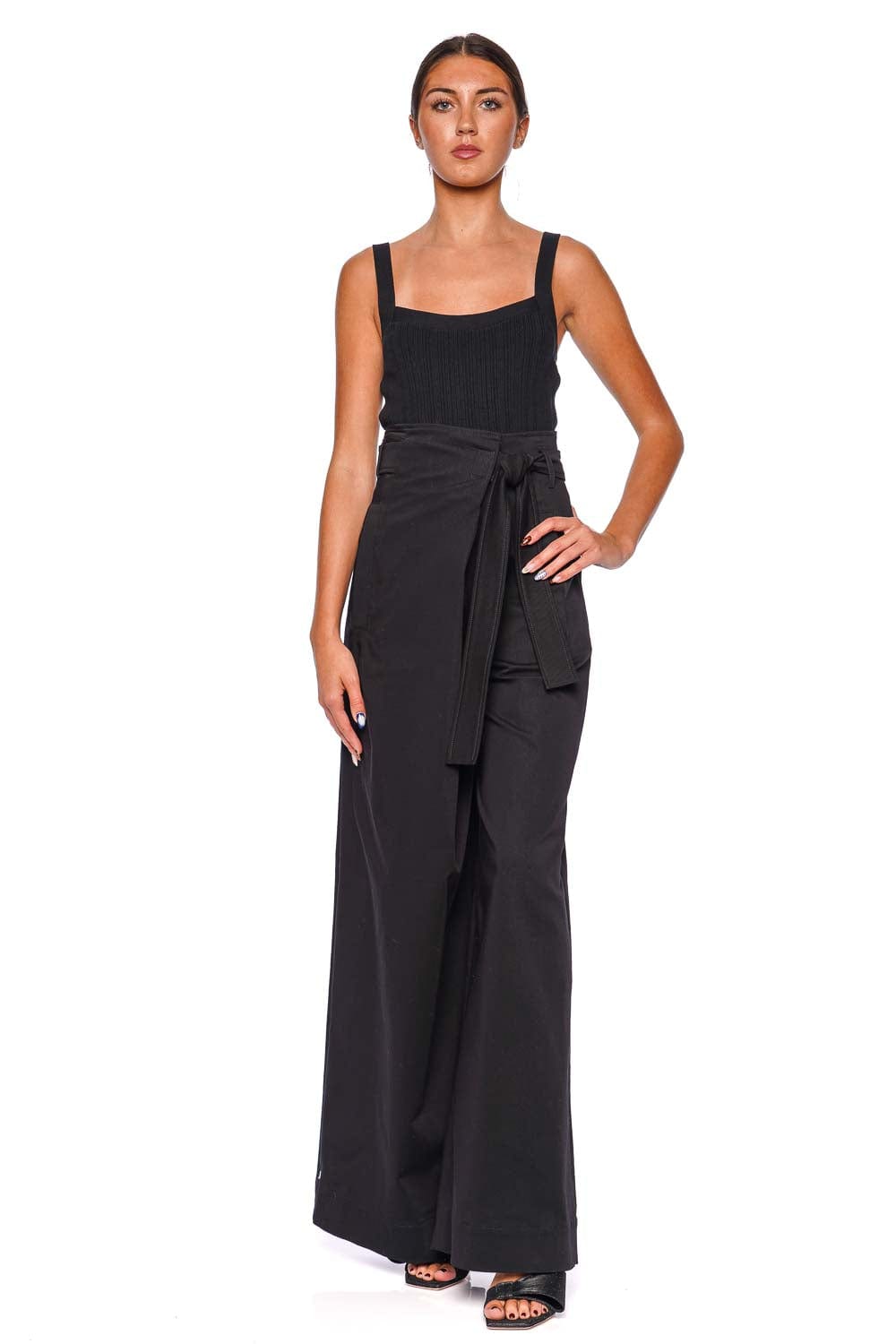 Black Wide Leg Tie Waist Gabardine Pants