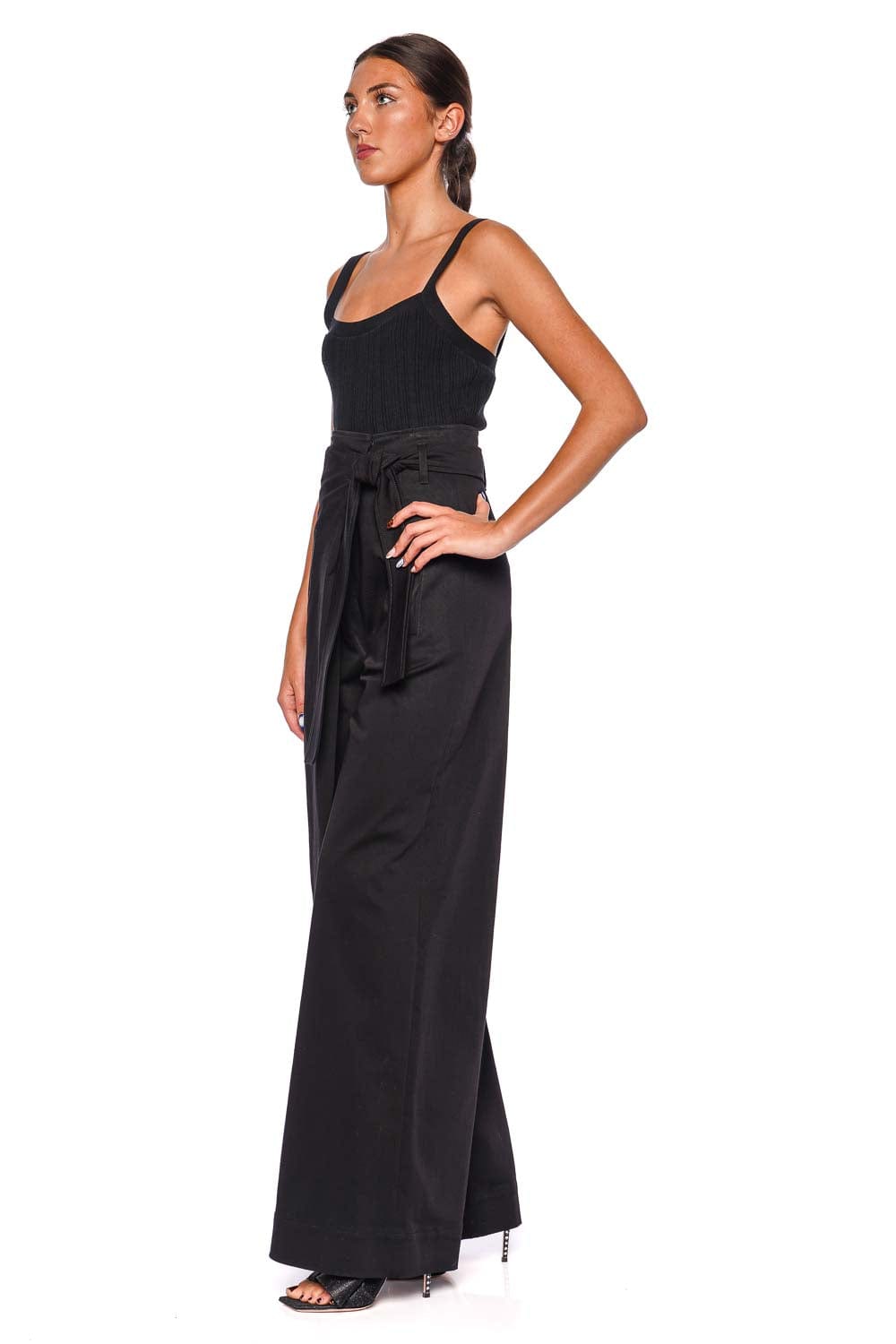 Black Wide Leg Tie Waist Gabardine Pants