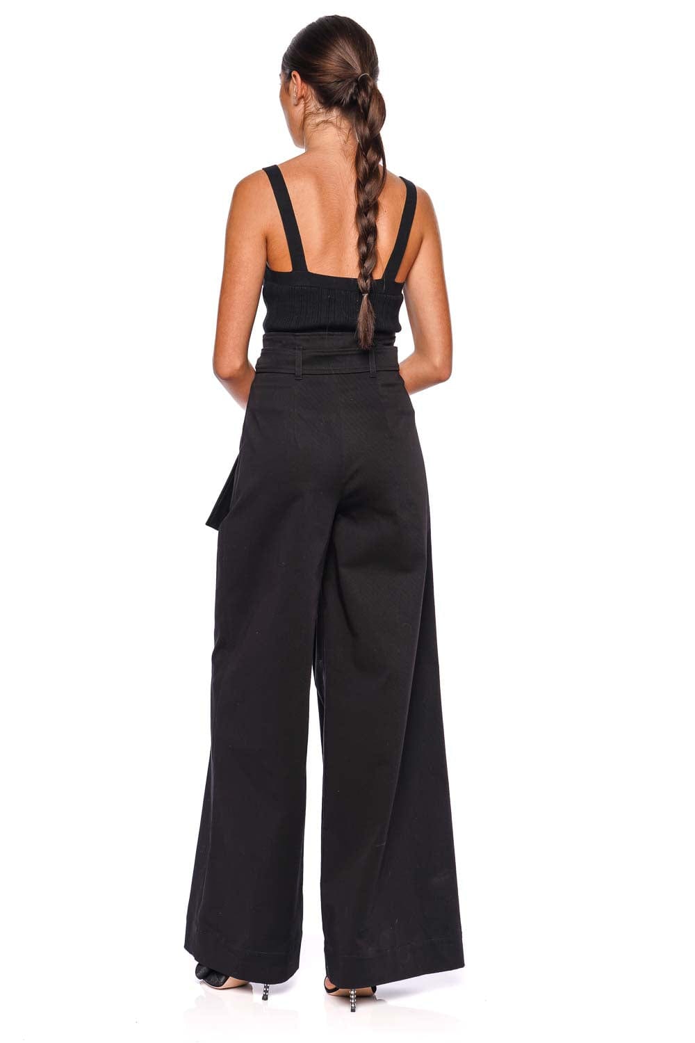 Black Wide Leg Tie Waist Gabardine Pants