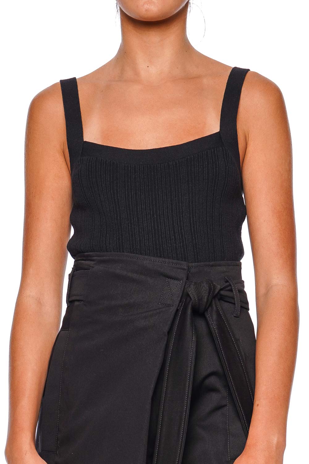 Black Wide Leg Tie Waist Gabardine Pants
