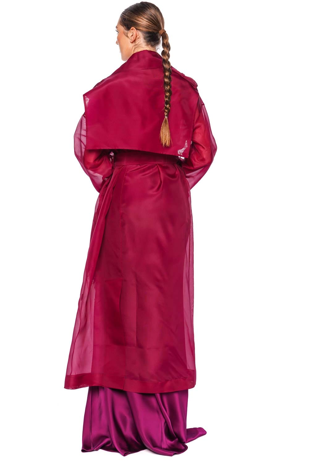 Berry Silk Organza Belted Trench Coat