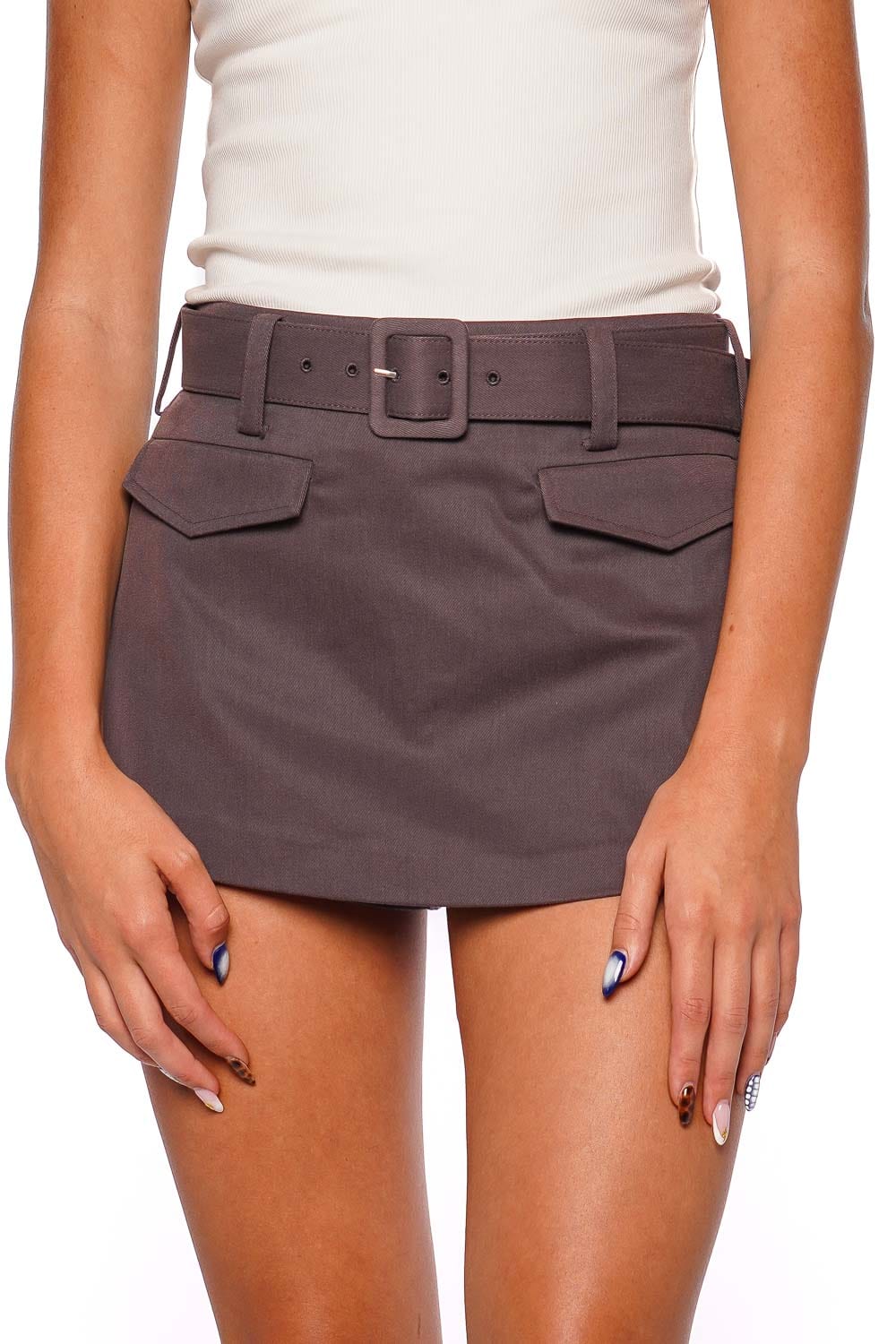 Brown Cotton Belted Utility Skort
