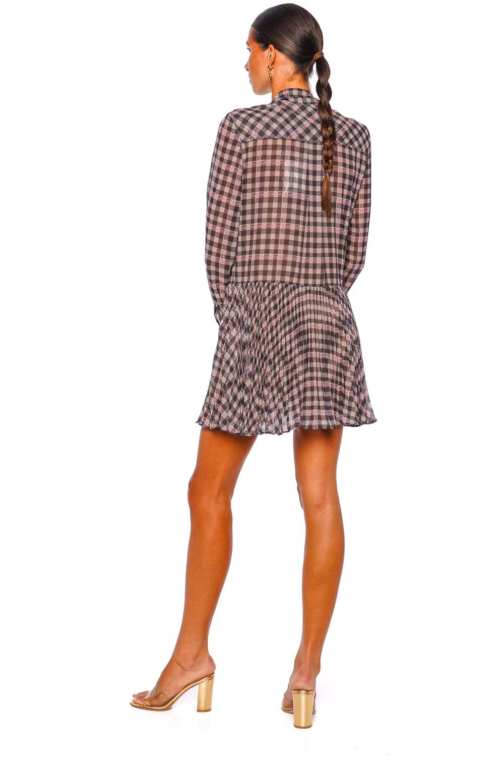 Brown Check Long Sleeve Chiffon Mini Dress