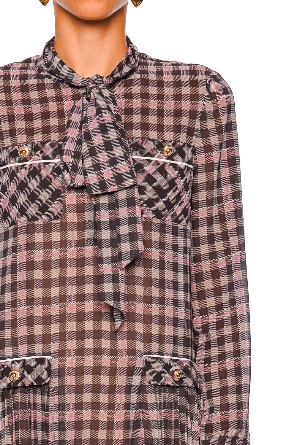 Brown Check Long Sleeve Chiffon Mini Dress