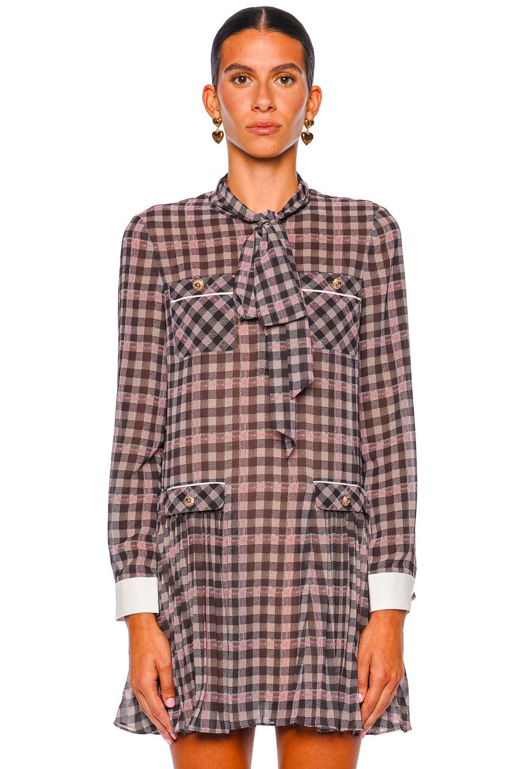 Brown Check Long Sleeve Chiffon Mini Dress