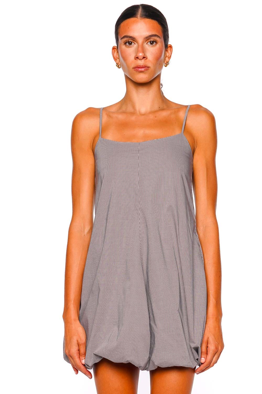 Aniela Espresso Gingham Bubble Hem Mini Dress