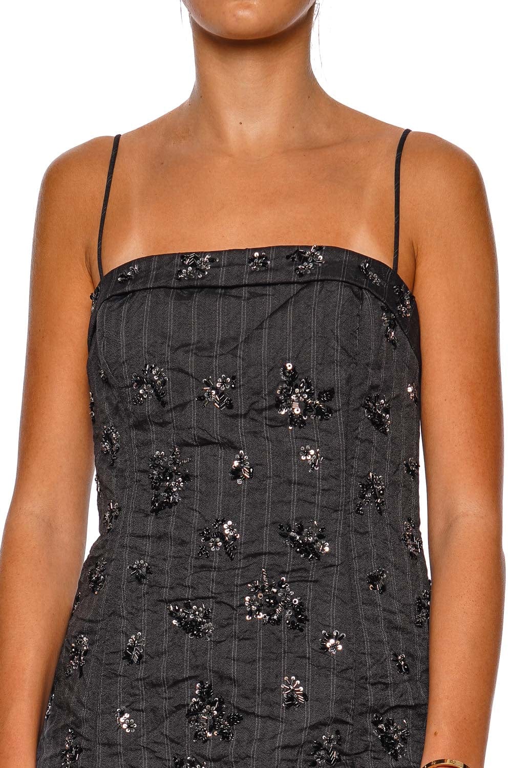 Anden Charcoal Stripe Embellished Mini Dress