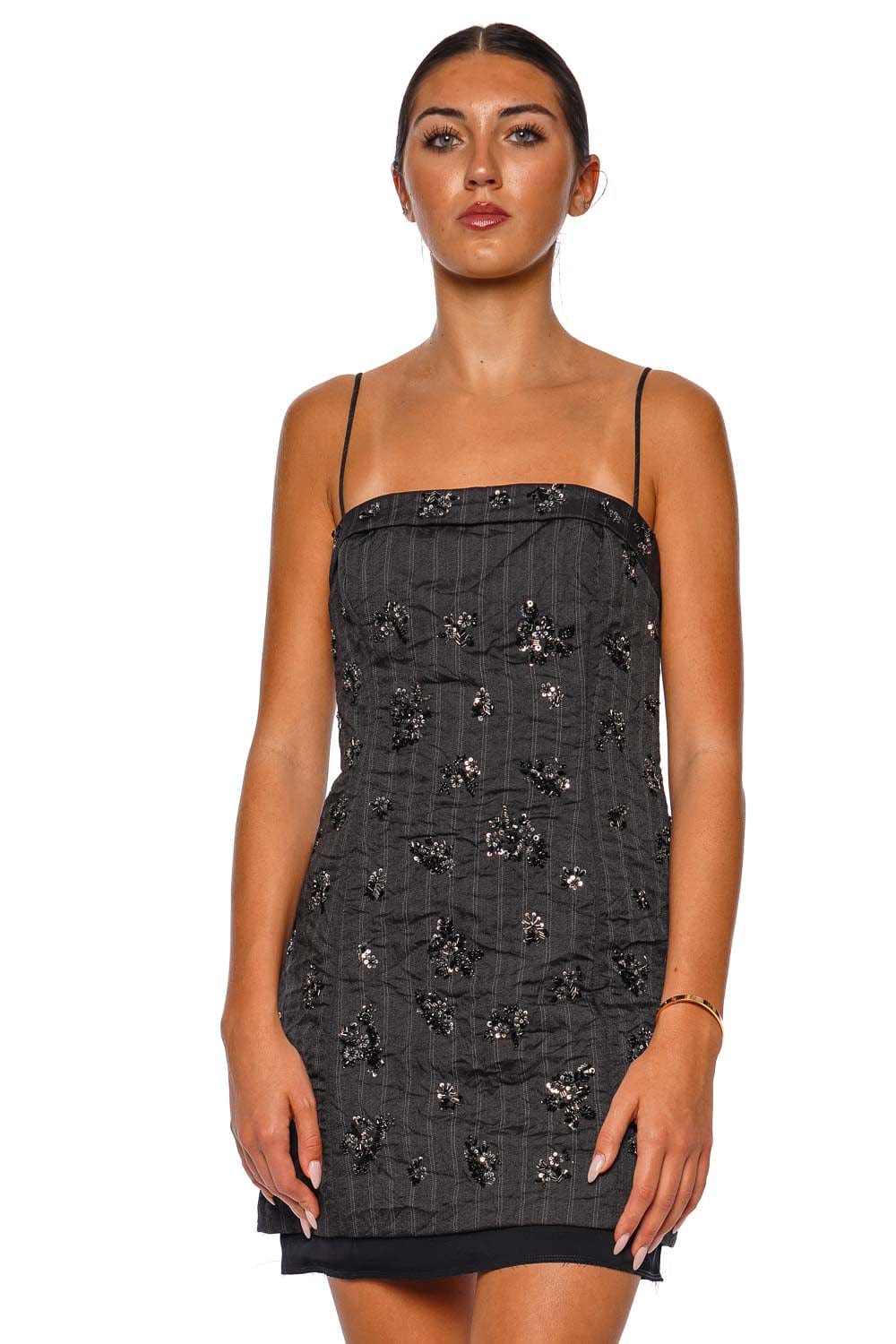 Anden Charcoal Stripe Embellished Mini Dress