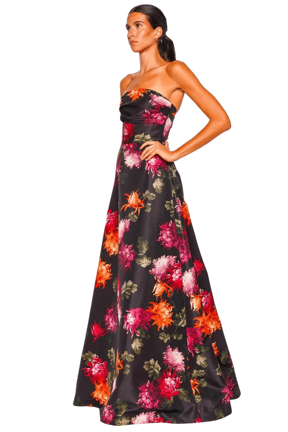 Black Chrysanthemum Strapless Gown