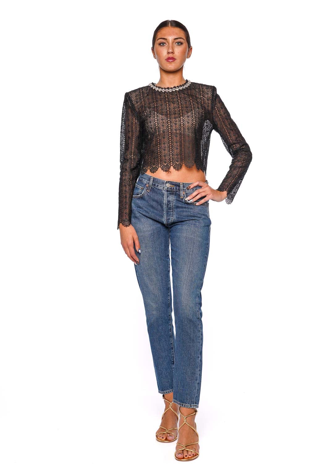Black Crystal Embellished Organza Lace Top