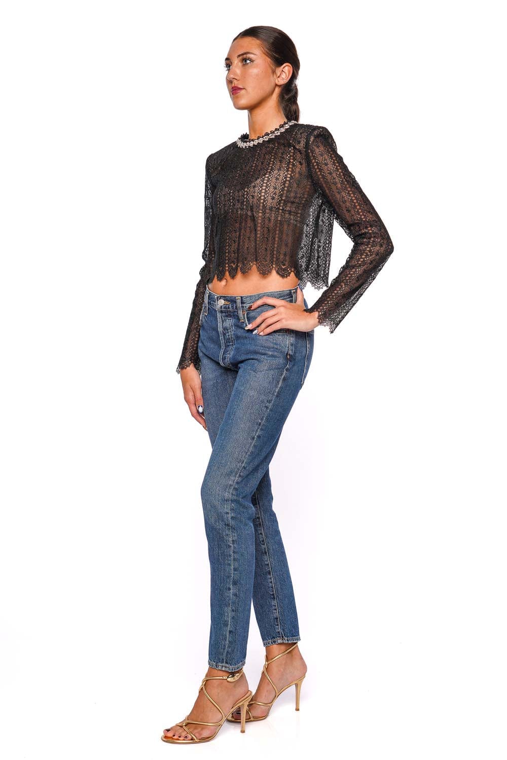 Black Crystal Embellished Organza Lace Top