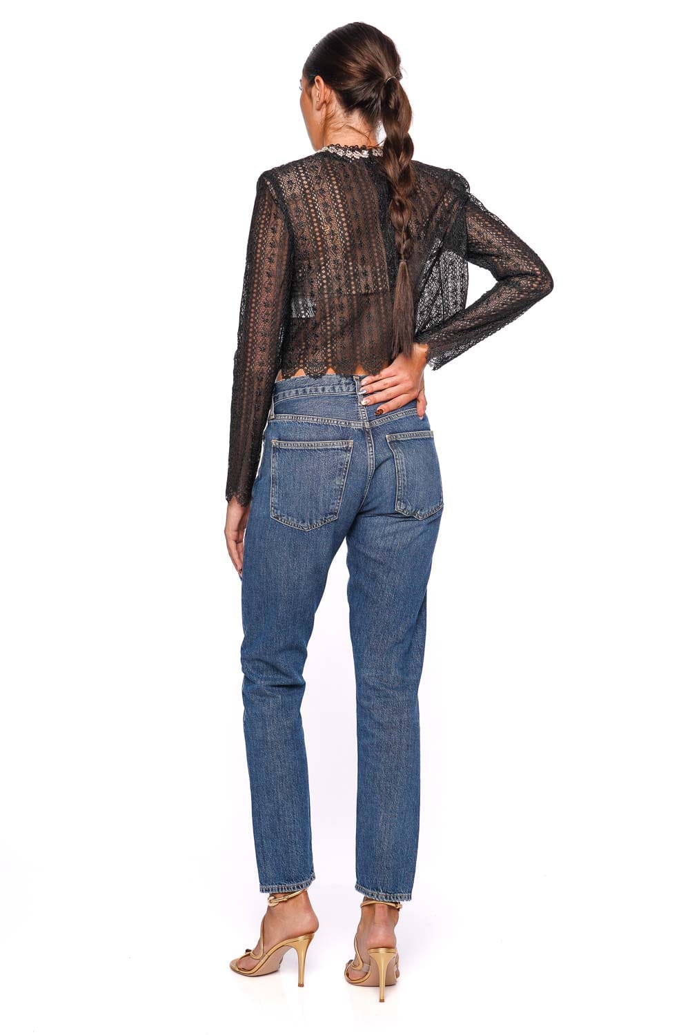 Black Crystal Embellished Organza Lace Top