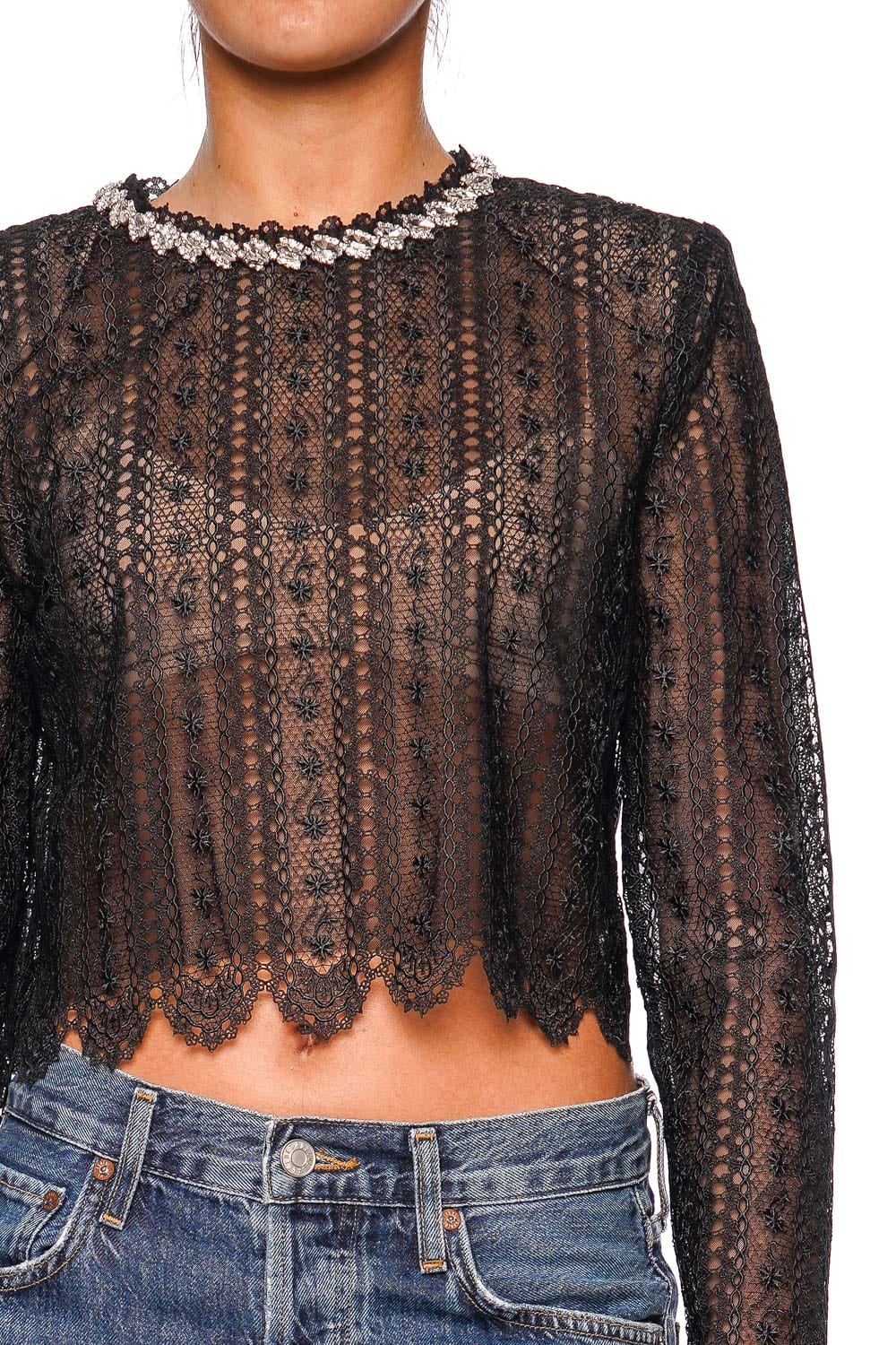 Black Crystal Embellished Organza Lace Top