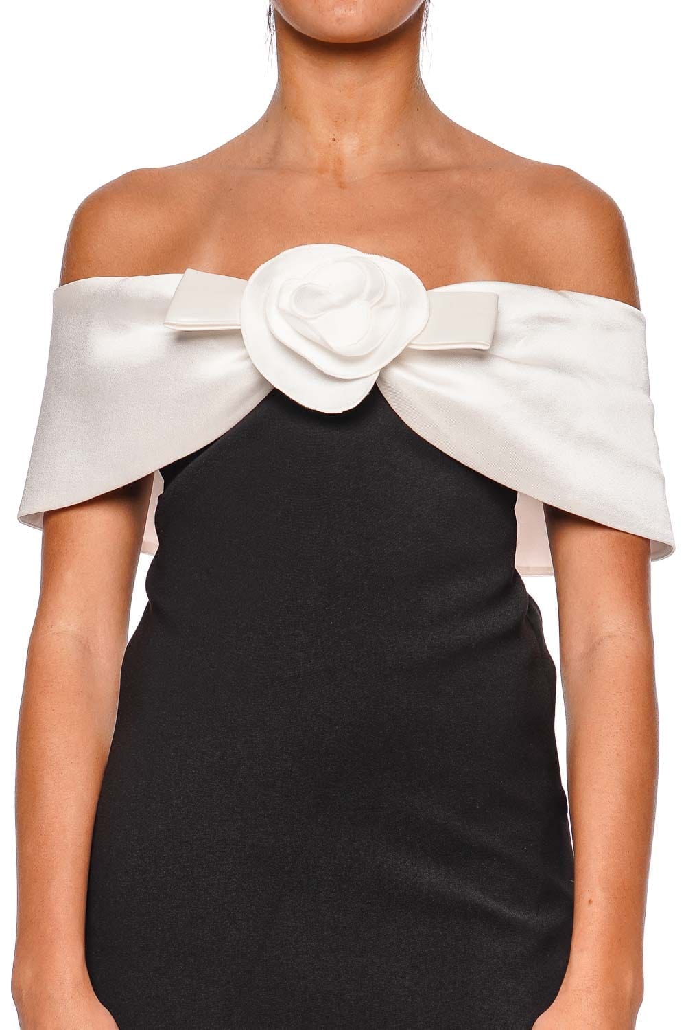 Black Crepe Flower Off Shoulder Mini Dress