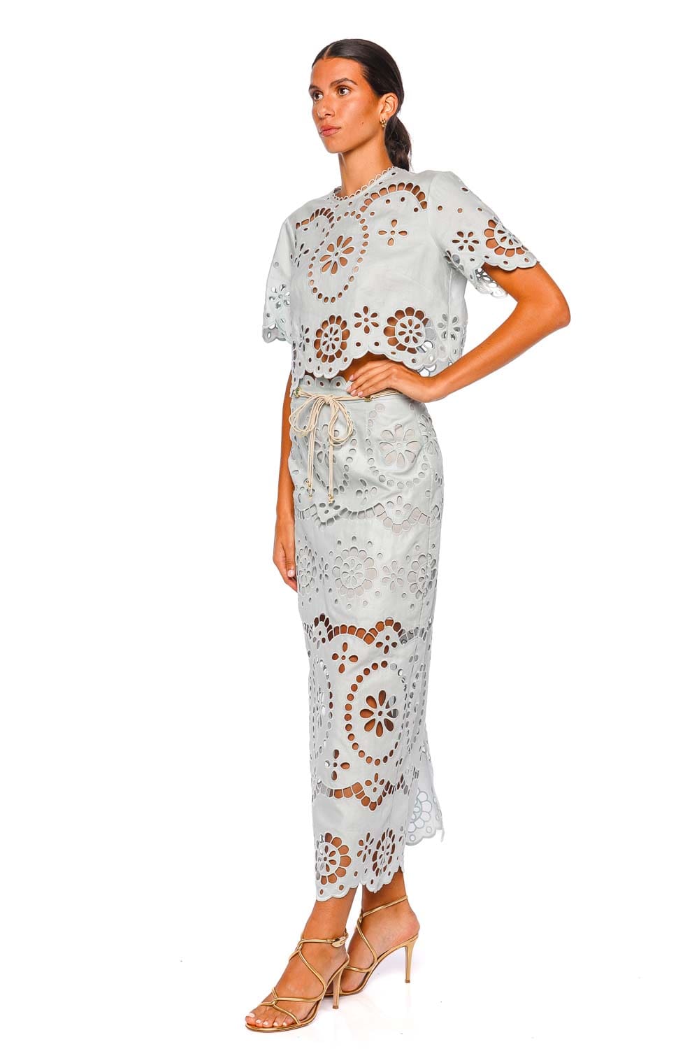 Awaken Mint Embroidered Linen Midi Skirt