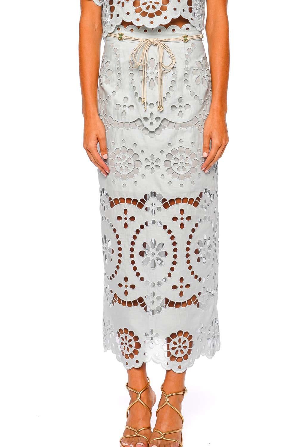 Awaken Mint Embroidered Linen Midi Skirt