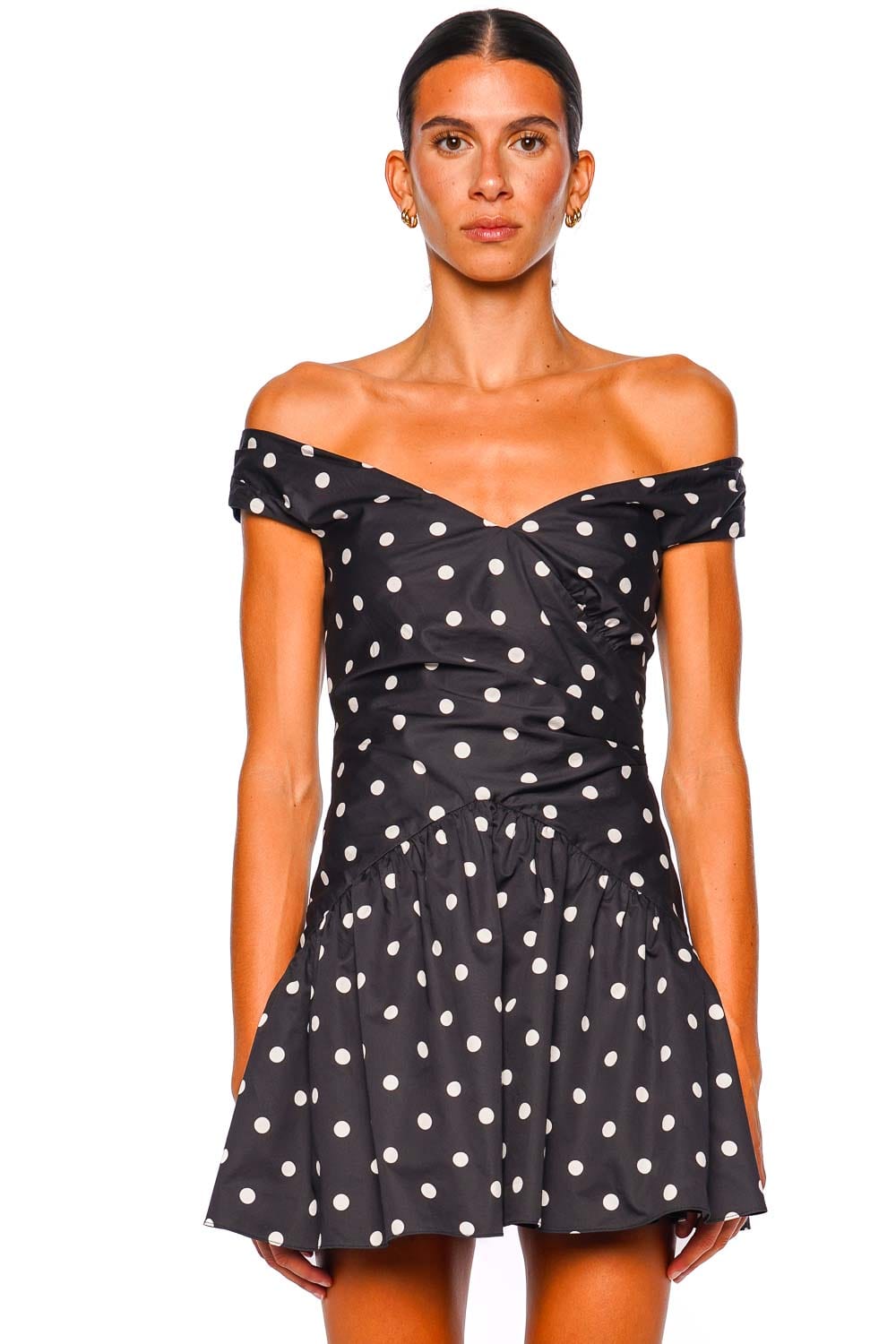 Black Polka Dot Off Shoulder Cotton Mini Dress
