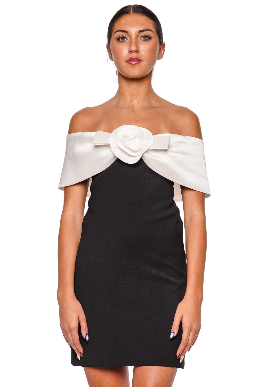 Black Crepe Flower Off Shoulder Mini Dress